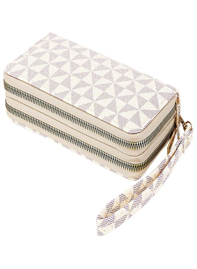 BUNCHBRAVO Triangle Pattern Wallet, Double Zipper Pockets, PU Leather Cellphone Purse Credit Card Cash Holder, Beige and Gray Grid - Image 1